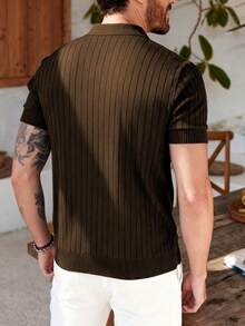 Men Solid Casual Polo Neck Short Sleeves Ribbed Knit Top