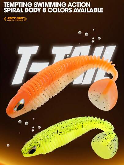 8 Pieces, Fishing, Lures, Artificial Baits, Micro Lure Baits, Soft Baits, Casting Baits. Soft Worm Bait, T-Shaped Tail, 3D Eyes.Floating Soft Plastic Swimbaits | Paddle Tail Fishing Lures - High Water Disturbance Bait For Freshwater Saltwater Fishing"