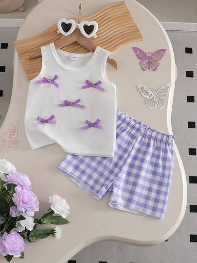 2pcs/Set Baby Girls' Casual Sweet Short Sleeve Outfit, Solid Color Bow Decor Sleeveless Top + Contrast Plaid Comfy Shorts Set, Summer
