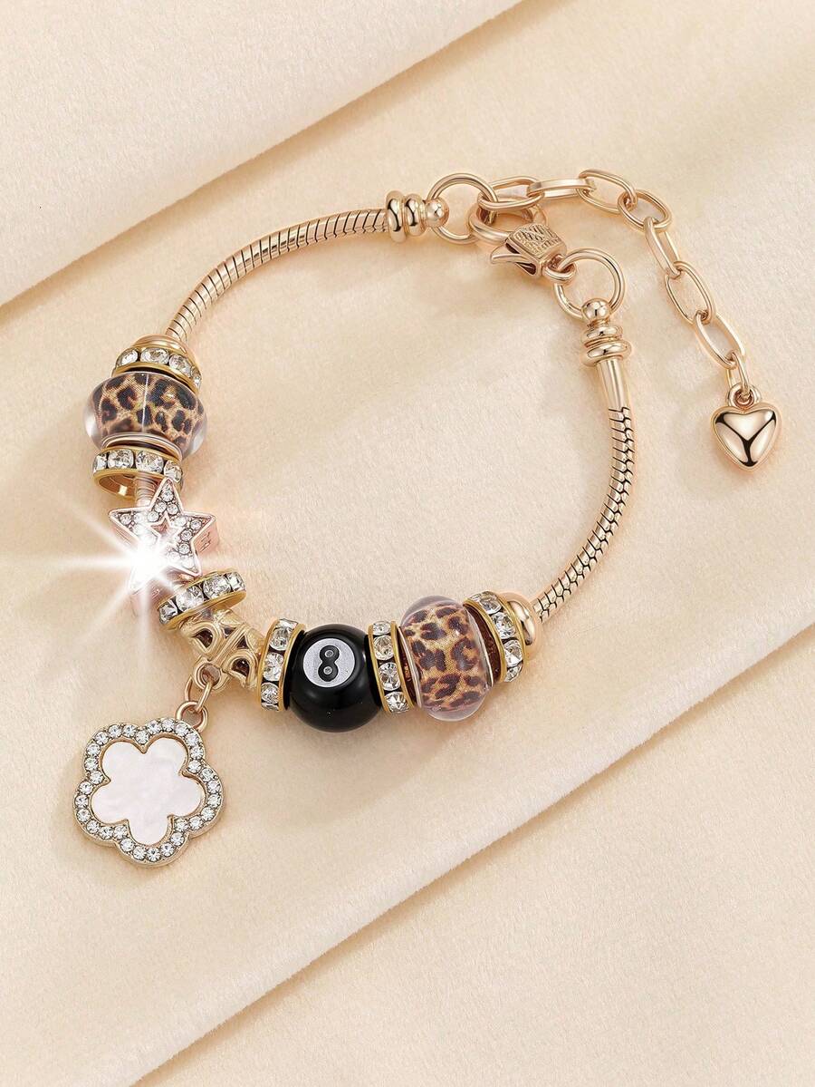 1pc Fashion Crystal Beaded Pendant Bracelet, Butterfly, 5-Petal Flower, Star, Football, Cross Pendant Charm Bracelet For Girls - Multicolor - View 1