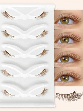 5对棕色半长假睫毛，透明睫毛梗，自然逼真的眼角睫毛，猫眼造型，柔软轻盈，适合初学者，易于佩戴，完美适用于日常佩戴和约会，也是送给爱人的最佳礼物。