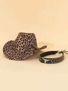 1 pieza Sombrero de vaquero unisex con estampado de leopardo occidental y correa desmontable, sombrero retro de moda adecuado para exteriores, viajes, reuniones, festivales, fiestas, Halloween - A - Ver 1