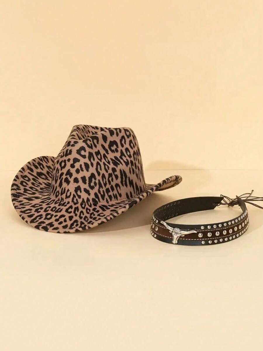 1 pieza Sombrero de vaquero unisex con estampado de leopardo occidental y correa desmontable, sombrero retro de moda adecuado para exteriores, viajes, reuniones, festivales, fiestas, Halloween - A - Ver 1