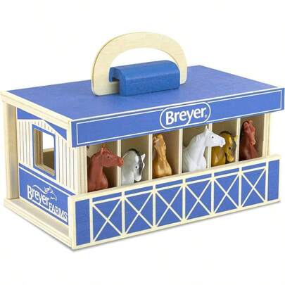 Horses Farms Wooden Stable Playset with 6 Horses 6 Piece 6 Stablemates Horses Included 6u201D Hx 9u201D Lx 2.5u201D D 1: 32 Scale Model #59217, Multi