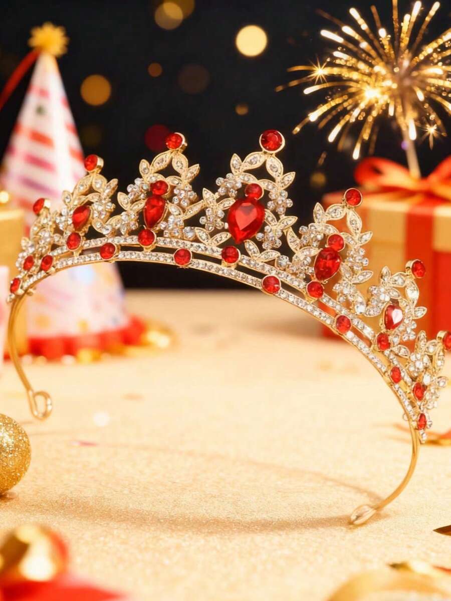 新娘皇冠头饰、婚纱配饰、公主生日皇冠、情人节配饰 - 紅色 - 查看 1