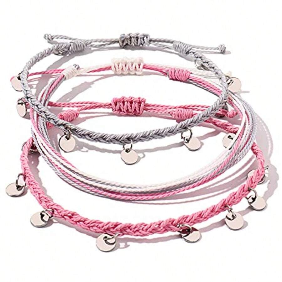 String Ankle Bracelets Waterproof Rope Anklets Braided Beach Boho Coin Anklets Cute Friendship Foot Jewelry For Women - Hồng - Xem 1