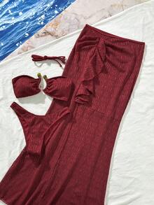 Set de 3 piese de costum de baie roșu texturat, sexy și la modă - sutien fără bretele + pantaloni scurți de baie + fustă cu volane și crăpături înalte | Costume de baie esențiale pentru petreceri la piscină și vacanțe la plajă, vara - roșu - Vizualizare 3