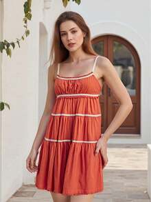 Women Causal Cami Dress Loose Scoop Neck Sleeveless Open Back Tie Short Tiered Ruffle Dress Summer Streetwear - 橘色 - 查看 1