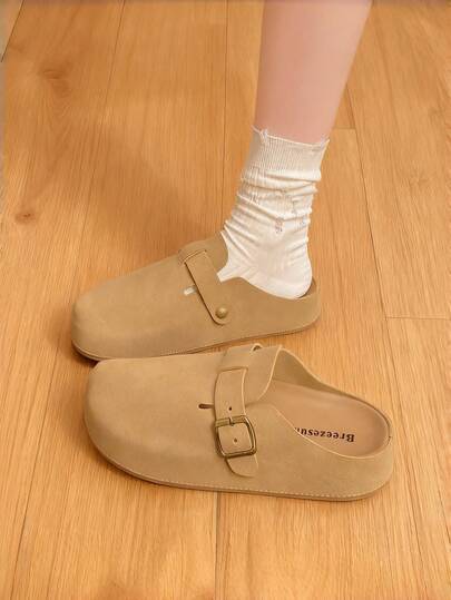 女士勃肯鞋，纯色拖鞋，女士平底一脚蹬鞋，新款女鞋，个性化拖鞋，时尚圆头，搭扣装饰，女士拖鞋，靴子，百搭休闲一脚蹬鞋，鞋子，秋季鞋，鞋子，拖鞋，凉鞋，女鞋，女士拖鞋，卡其色拖鞋
