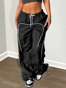 LovelyWholesale Plus Size Women Casual Drawstring Waist Striped Patchwork Straight Leg Sweatpants, Adjustable Hem, Suitable For Autumn/Winter Black - Black - View 1