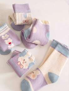 5双装加厚棉质冬季儿童袜，保暖卡通兔子图案女童袜