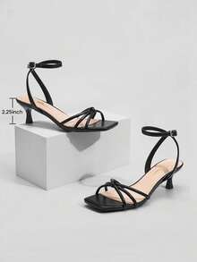 Athlefit Kitten Heels For Women Square Open Toe Strappy Low Heels Ankle Strap Dress Heeled Sandals For Prom Party Wedding - 黑色 - 查看 4