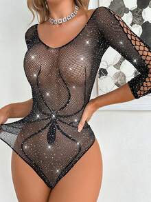 Elegant Long Sleeve Off-Shoulder Mesh Bodysuit - Women's Rhinestone-Studded Dazzling Party Outfit - 黑色 - 查看 4
