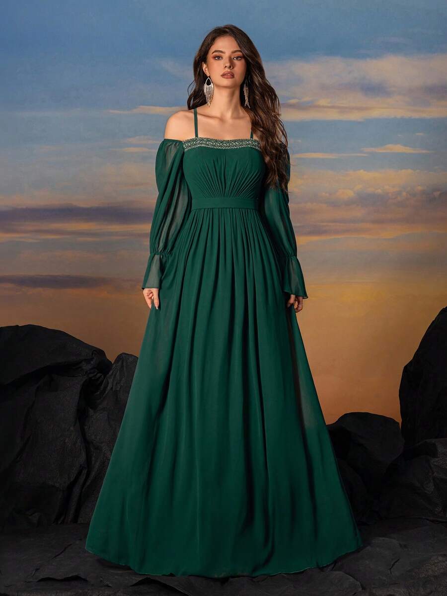 SUPGIR 刺绣串珠露肩长袖褶皱腰部喇叭连衣裙，阿拉伯风格 - 墨綠色 - 查看 1