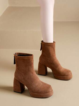 Women's High Heel Boots, Black Boots With Back Zipper, Waterproof Platform Thick Heel Faux Suede Fashion Ankle Boots, Daily Office Boots, Brown & Ankle Boots