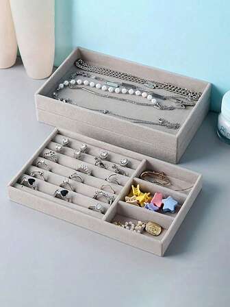 1 pieza/9 piezas Organizador de joyería multifuncional, bandeja de exhibición de joyería de terciopelo, caja de almacenamiento de joyería, soporte de joyería, bandeja organizadora de joyería apilable, organizador de joyería, gabinete de exhibición de joyería con cajón, para aretes, collares, pulseras, anillos