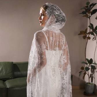 1 st. trendig lång spetskappa, sexig vit sjalaccessoar för scenframträdande, brudklänning