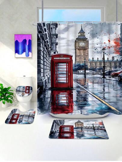 1/4pcs Street View Bathroom Set, British Retro Style, Suitable For All Seasons And Festivals, Includes Shower Curtain, Toilet Mat, Floor Mat, Etc. Details Feature Gray Street Scenery + Red Phone Booth, Big Ben And Other London Landmarks, Providing A Vintage Artistic Atmosphere. Suitable For Bathroom Decor, Can Quickly Upgrade The Space Style Or Create A British-Style Space, Suitable For Daily Use Or As A Gift For British Culture Enthusiasts.
