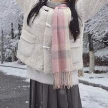 1PC Women's Autumn And Winter New Collection: Fresh And Elegant Imitation Checkered Tassel National Scarf, Fashionable And Versatile Warm Scarf, Suitable For Keeping Warm In Autumn And Winter. This Elegant, Beautiful And Romantic Scarf Can Be Used As A Christmas, New Year And Spring Festival Gift For Family, Loved Ones And Friends. - Blue white - 查看 2
