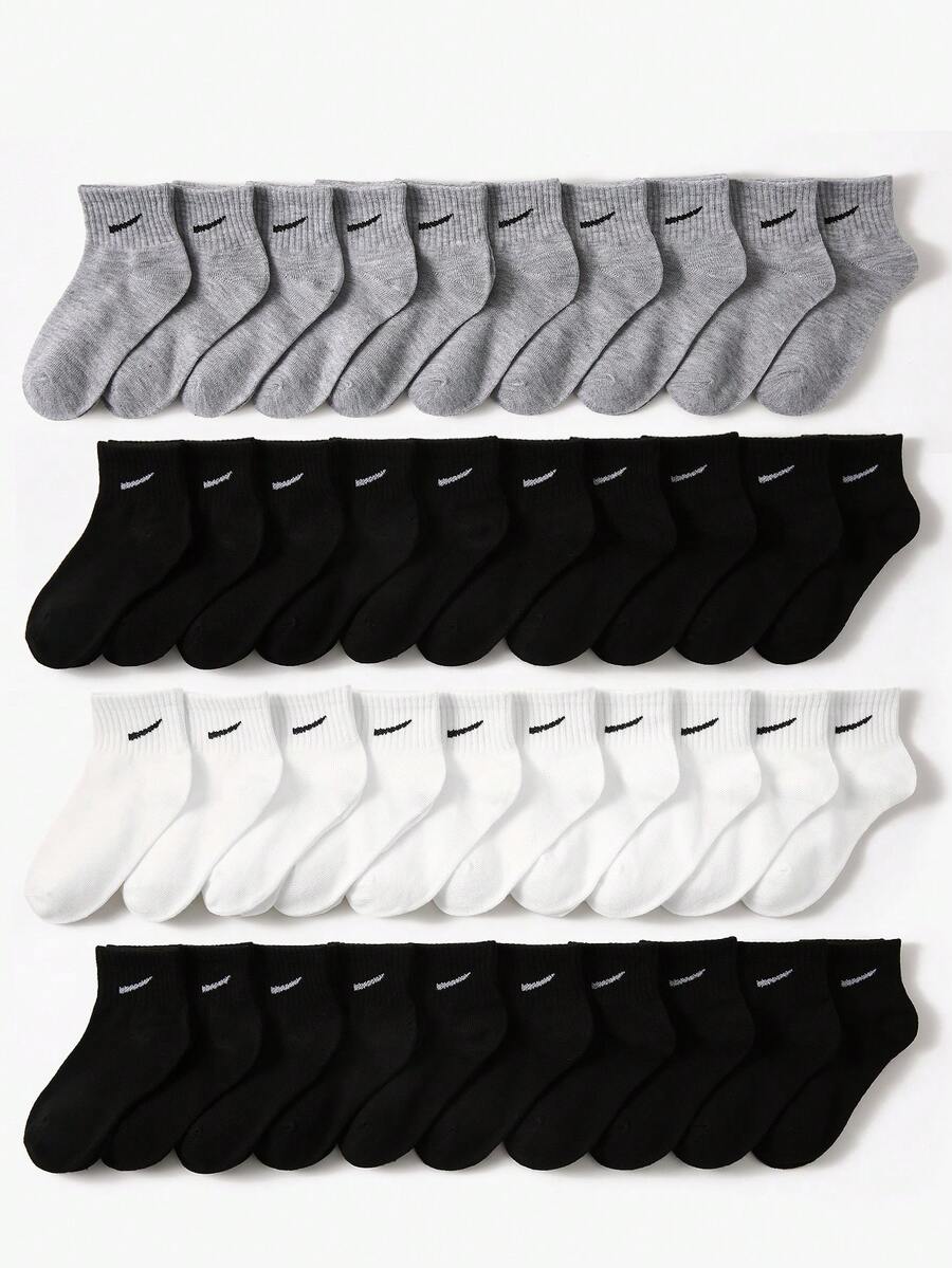 20/10/5/1 Pairs Kids Solid Color Sports Socks, Checkmark Decor, Classic Minimalist, Skin-Friendly Comfortable Black/White/Gray Short Socks, Casual Versatile Breathable Soft Sports Socks, Suitable For Back To School, Sports Events, Daily Wear, Campus Style, Outdoor Activities. Random Color Assortment, Multiple Packs Available - Multicolor - View 1