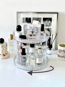 1pc Minimalist High-End Home Storage Organizer Rotating Display Rack, Vanity Makeup Cosmetics Shelf, Bathroom Countertop Perfume & Skincare Holder Tray - Transparent - View 3