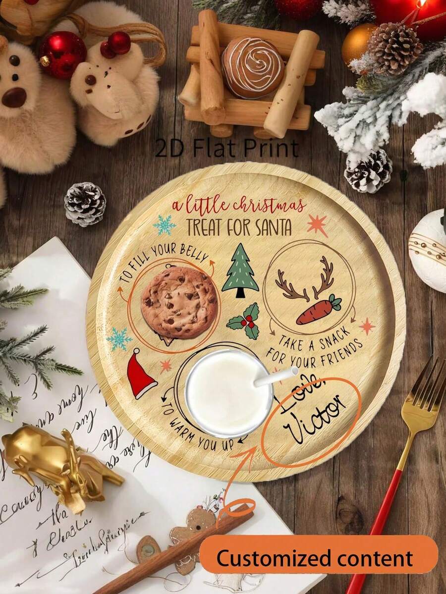 Customized Santa Claus Cookie Plate, Round Christmas Tray, Wooden Christmas Cookie & Milk Tray, Christmas Eve Reindeer Snack Tray, Christmas Gifts, Santa Claus Placemat, Cookie Box, Milk & Carrot Plate, Holiday Party Tray Supplies - Multicolor - View 1