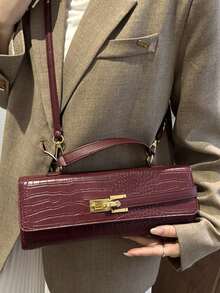 New BV Style Crocodile Embossed Structured Baguette Bag, Burgundy Fashion Personalized Crease Handbag, Strap Decor, Unique Metal Lock Closure, Women's Party Evening Bag, Commute Shoulder Crossbody Bag, Suitable For Office, Dating, Wedding, Gift, Prom, Valentine's Day, Daily Use - Burgundy - View 6