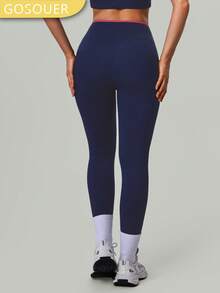 Damen Sporthose ohne Vordernaht mit kontrastfarbiger Einfassung, V-förmiger Taille, formend, für Fitness und Yoga - marineblau - Übersicht 11
