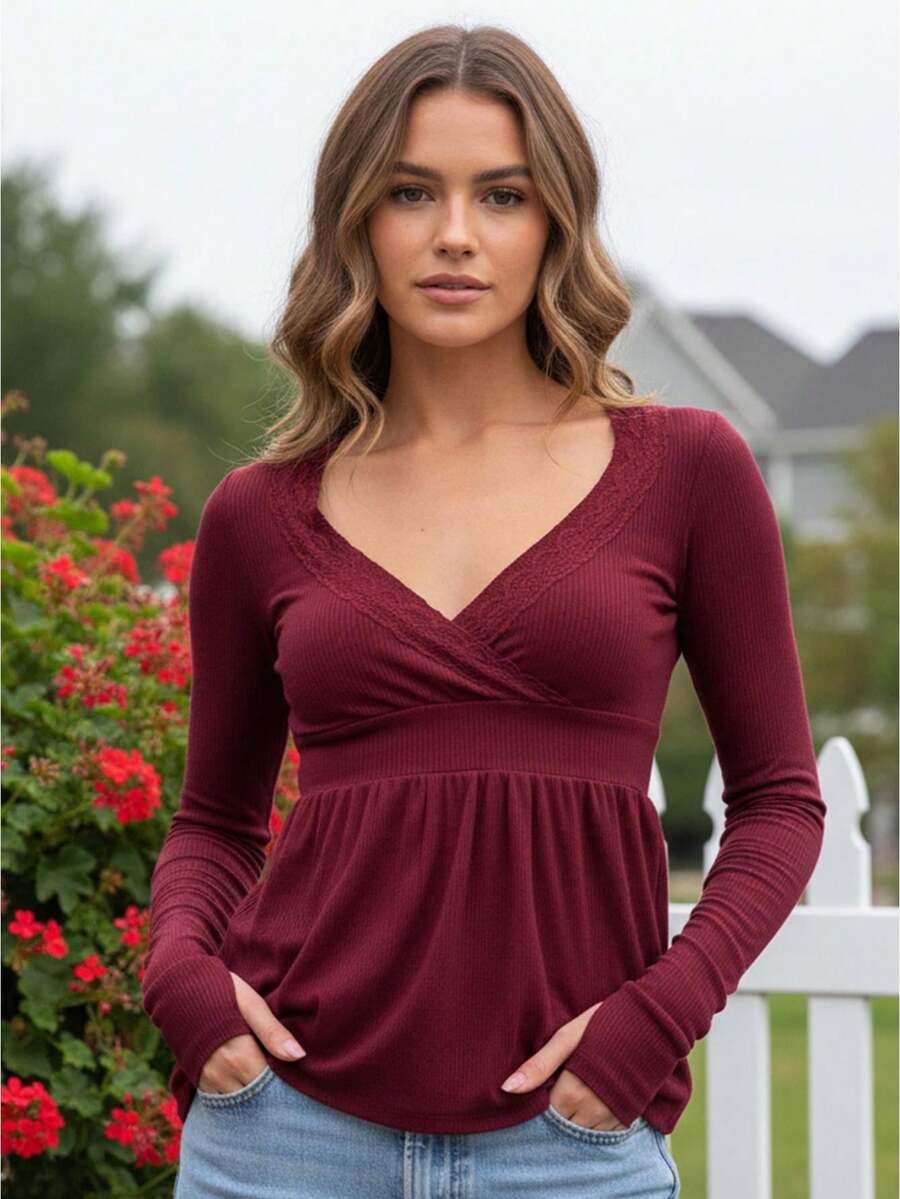 Women Y2K Babydoll Knit Tops Long Sleeve Lace Patchwork Low Cut Peplum Sweater Fairy Vintage 90s Coquette Blouse - 酒紅色 - 查看 1