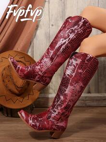 FVPFVP Inspired Embroidered Boots, European & American New Style Chunky Heel Increased Height Retro Knee-High Denim Boots For Women, - Red - View 1