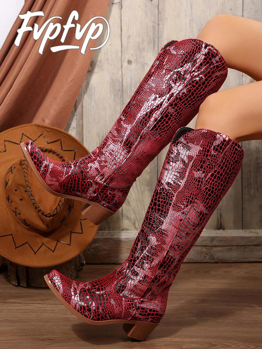 FVPFVP Inspired Embroidered Boots, European & American New Style Chunky Heel Increased Height Retro Knee-High Denim Boots For Women, - Red - View 1