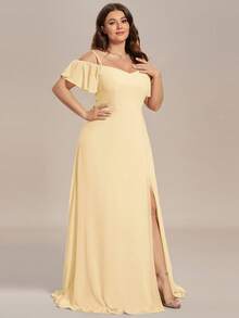 EVERPRETTY Plus Size Elegant Romantic Alluring Off-Shoulder Split Yellow Bridesmaid Dress, Spring/Summer Wedding Guest Dress - Yellow - View 6