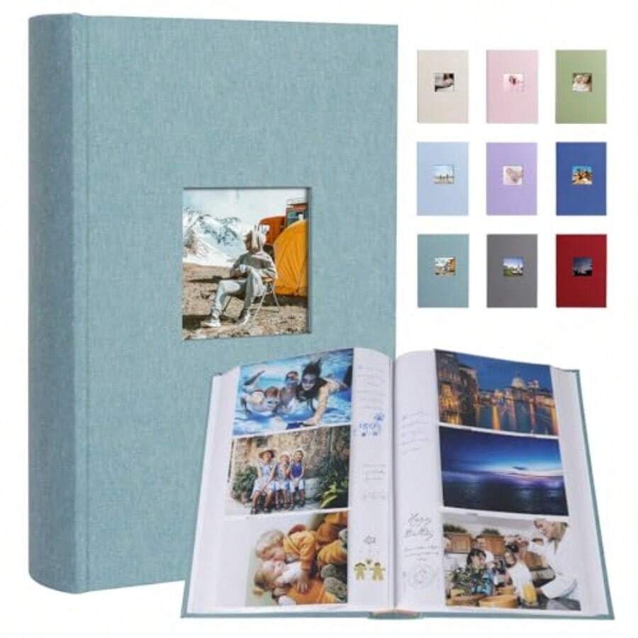 Photo Album 4x6 420 Photos With Writing Space Linen Cover With Memo Slip-In Pockets Pictures Album Book For Wedding Travel Family Baby Cyan Blue - CyanBlue - View 1
