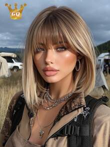 12英寸金色短直波波头假发，女士自然耐热合成假发，带刘海，适合妈妈们日常佩戴和参加派对 - 金色 - 查看 12