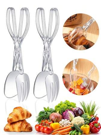 1个透明塑料食物夹，沙拉夹，面包夹，牛排夹，可重复使用食物夹，自助餐夹，点心蛋糕夹，烧烤夹，意大利面三明治夹，厨房小工具，每套包含一个可拆卸的勺子和叉子。