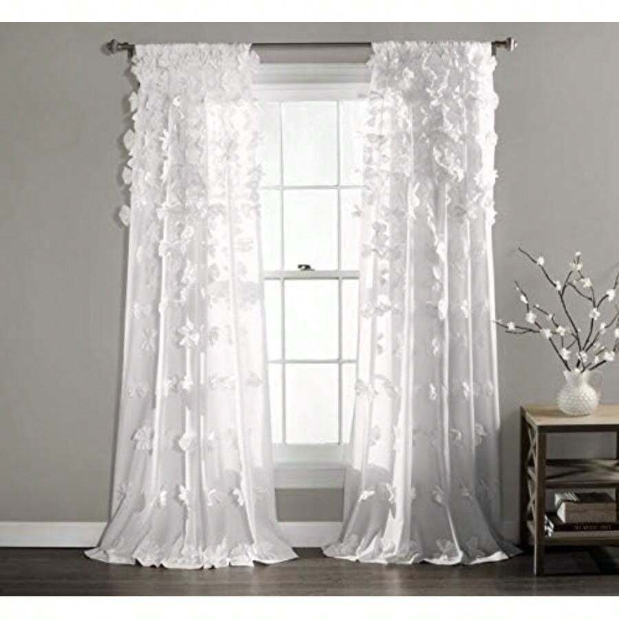 Decor Riley - Panel de Cortina de Ventana filtrante de luz, Individual, 54 Pulgadas de Ancho x 95 Pulgadas de Largo, Color Rosa, Bonitas Cortinas para recámara, decoración de Lazo, Cortinas(Blanco 137.2An x 213.4Al cm (1 Paneles)) - Multicolor - Ver 1