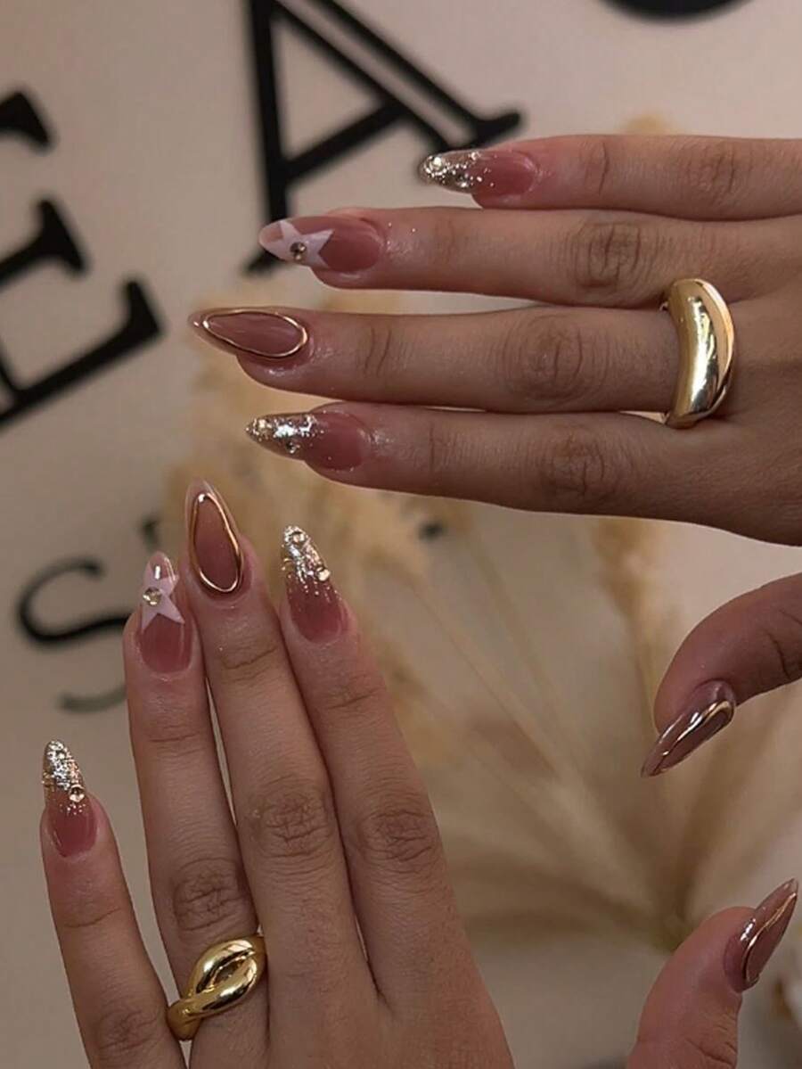 24片/套 华丽优雅粉色星星3D水钻金色线条点缀杏仁形美甲贴片，包含甲油胶和指甲锉，适合女孩/女士日常、派对、秋季美甲用品 - 彩色 - 查看 1