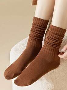 6双装女士秋冬中筒袜，多层针织袜，休闲针织袜，女士踝袜，休闲袜，酒红色，适合情人节，优雅冬日，精致浪漫，保暖家居袜 - 彩色 - 查看 4