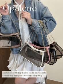 Fashion Contrasting Border Transparent Splicing Vacation Chain Shoulder Bag, Chain Decor Clear Square Bag, Waterproof, Sandproof Transparent Bag, Beach Sports Picnic Snacks Clear Purse For Women, Suitable For Shopping, Young Women, College Students, Newcomers, White-Collar Workers. They Are Very Suitable For Offices, Universities, Work, Business, Commuting, Outdoor Activities, Travel, And Outings - 彩色 - 查看 6