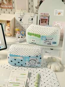 1个波点音乐铅笔盒，可爱小猫卡通波点星星风格文具收纳袋，学生返校礼物办公用品 - 彩色 - 查看 3