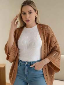 Set Of 2 Women's Cardigan Blouses, Knitted Cape, Openwork Knit, Autumn - 米色/白色 - 查看 5