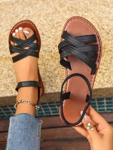 女士新款圆头套脚平底拖鞋，简约搭扣平底凉鞋，时尚简约平底凉鞋，舒适休闲旅行沙滩鞋，有白色、棕色、黑色、豹纹、花卉图案可选 - 黑色 - 查看 7