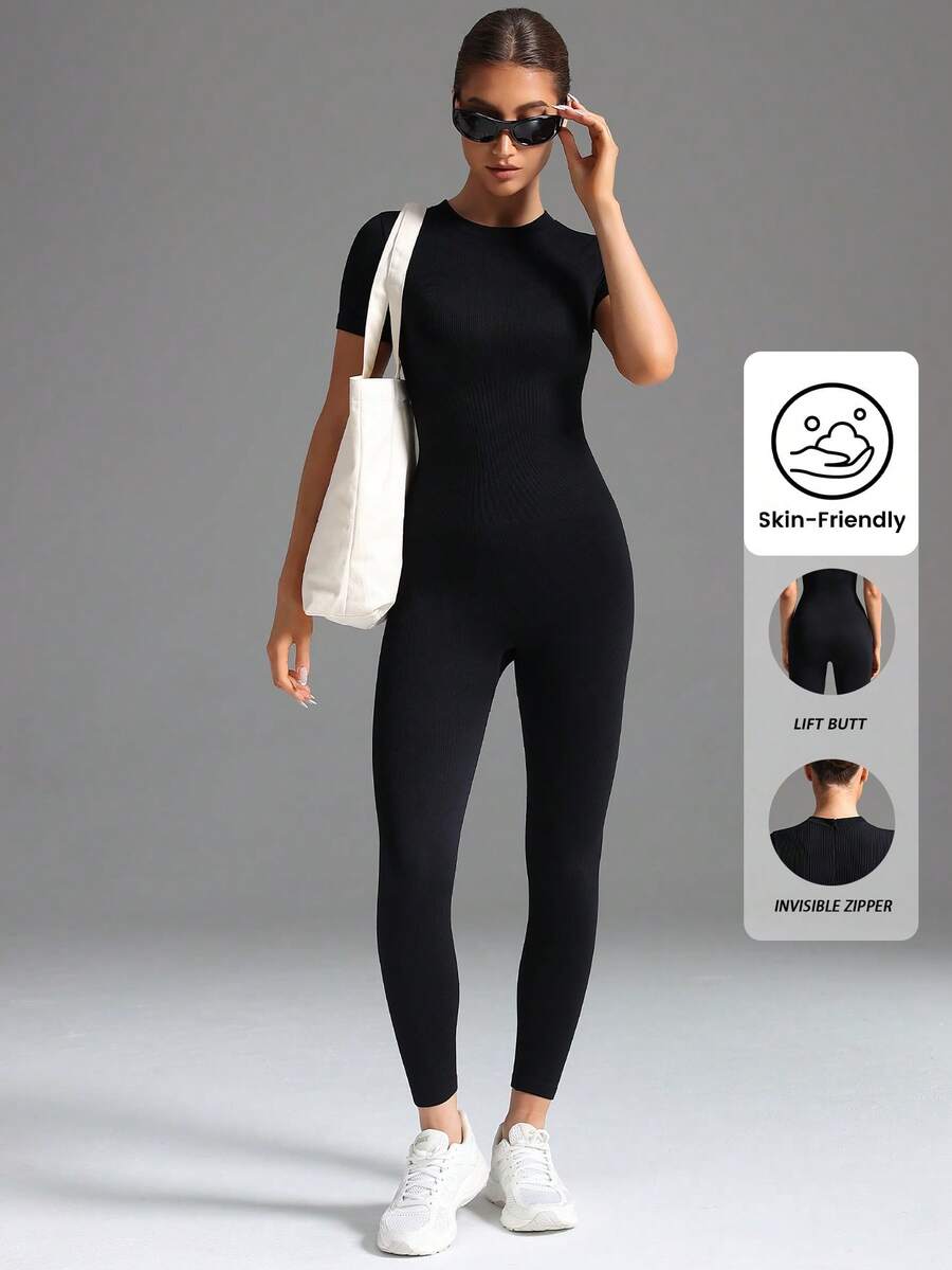 Yefecy Stretchy Non-See-Through Bodycon Jumpsuit ,Women's High Waist Back Zipper All-Season Gym Yoga Casual Outfit - Black - View 1