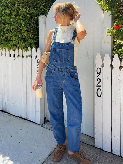 Women's Casual Loose Fit Washed Blue Denim Bib Overalls, Versatile Fashion Item