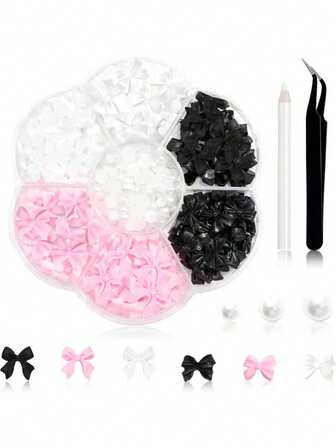 420pcs Bow Tie Nail Jewelry Set, Half Pearl, 3D Acrylic Nail Gems Rhinestones, Nail Art Design Picking Tools, DIY Crafts, Valentine's Day Gift