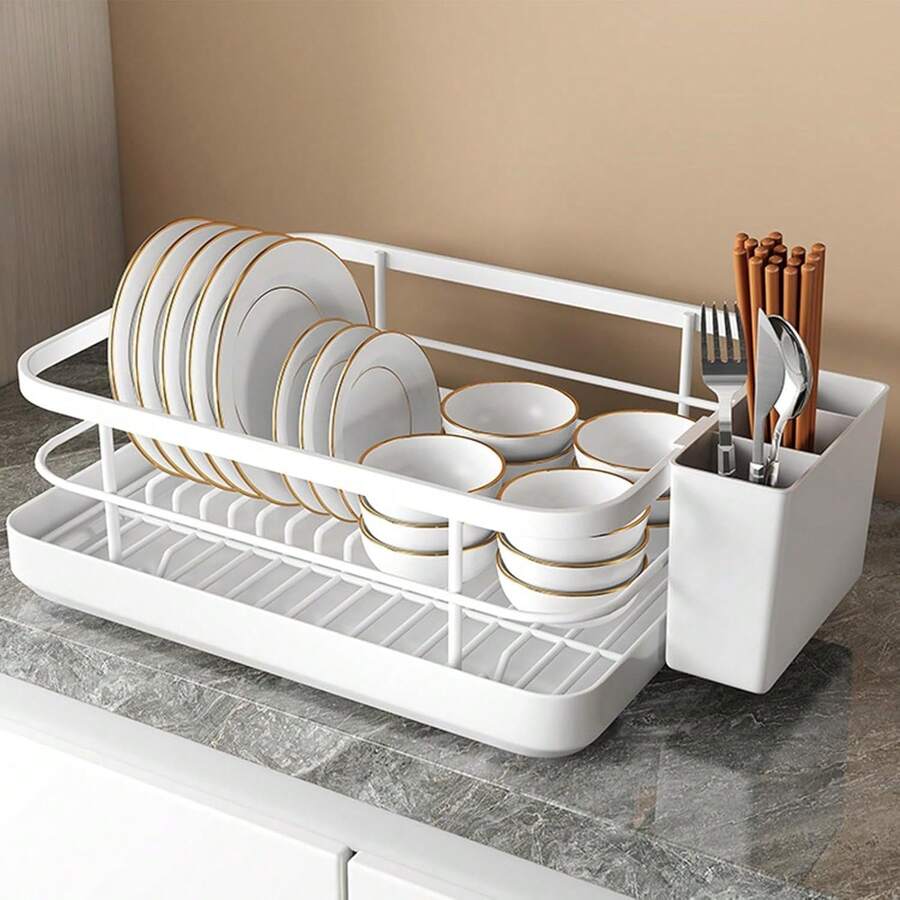 Escurridor de platos para encimera de cocina, escurridor de utensilios con soporte para utensilios, escurridor de platos con bandeja recogegotas para platos, cucharas, tenedores y palillos. - Blanco - Ver 1