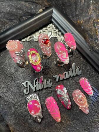 10 st mandel akryl nagelkit, rosa nagelkonst i kombination med vita franska naglar, rosröda kattögondesign, 3D tredimensionella ros- och kedjepärlor med stålpärlor, färgglada glänsande nagelstenar, handritade fluorescensblommönster och kromblommigt nagelpuder, söt tjej Y2k-stil bärbar nagelkonst-set lämplig för tjejer att bära dagliga fester alla hjärtans dag (med: en bit gelélim och en friktionsremsa) nageltillbehör naglar