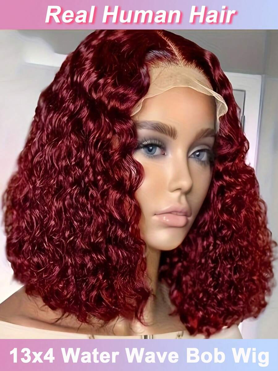 深波浪波波头真人发假发 99J 酒红色深波浪波波头假发 13x4 透明蕾丝前额预拔婴儿发 短卷波波头假发 - S99J - 查看 1