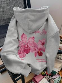 Áo nỉ dài tay có mũ, dây rút, in họa tiết hoa dành cho nữ, có túi, kiểu dáng rộng rãi thoải mái, trang phục mùa đông thời trang, phù hợp mặc hàng ngày vào mùa xuân. - Xám đậm - Xem 6