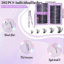 592 Pcs Lash Clusters Kit, Eyelashes Clusters Kit 8-18mm Individual Natural Lash Extension Kit D Curl Fluffy Wispy False Eyelashes (40D+60D+80D New, With Bond & Seal,Tweezers Brush) - màu đen - Xem 2